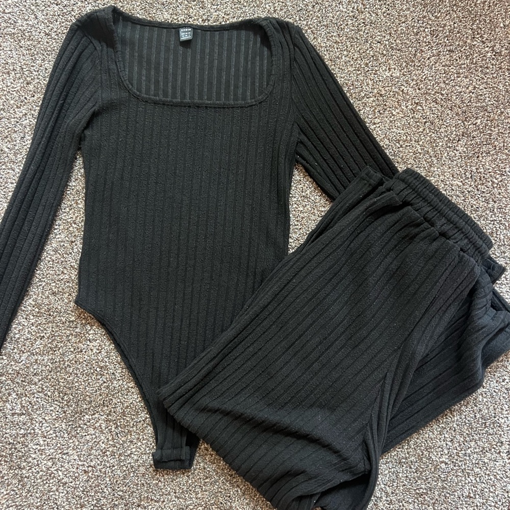 Black Ribbed Long Sleeve Bodysuit and Pants Set